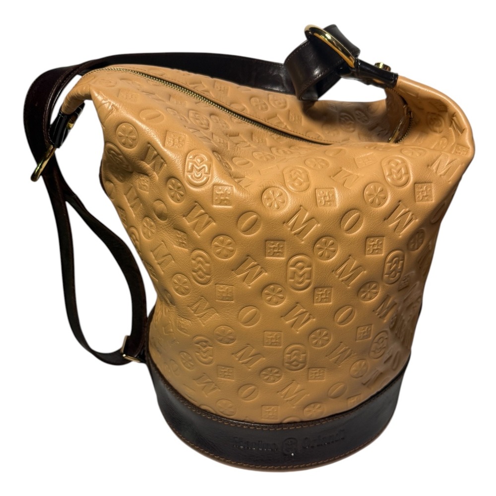 MARINO ORLANDI Vintage Italian Leather Bucket Bag Tan Embossed Monogram Y2K - Picture 2 of 16